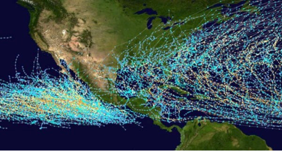 Imagen 2. Trayectoria de los huracanes de los últimos 60 años en México